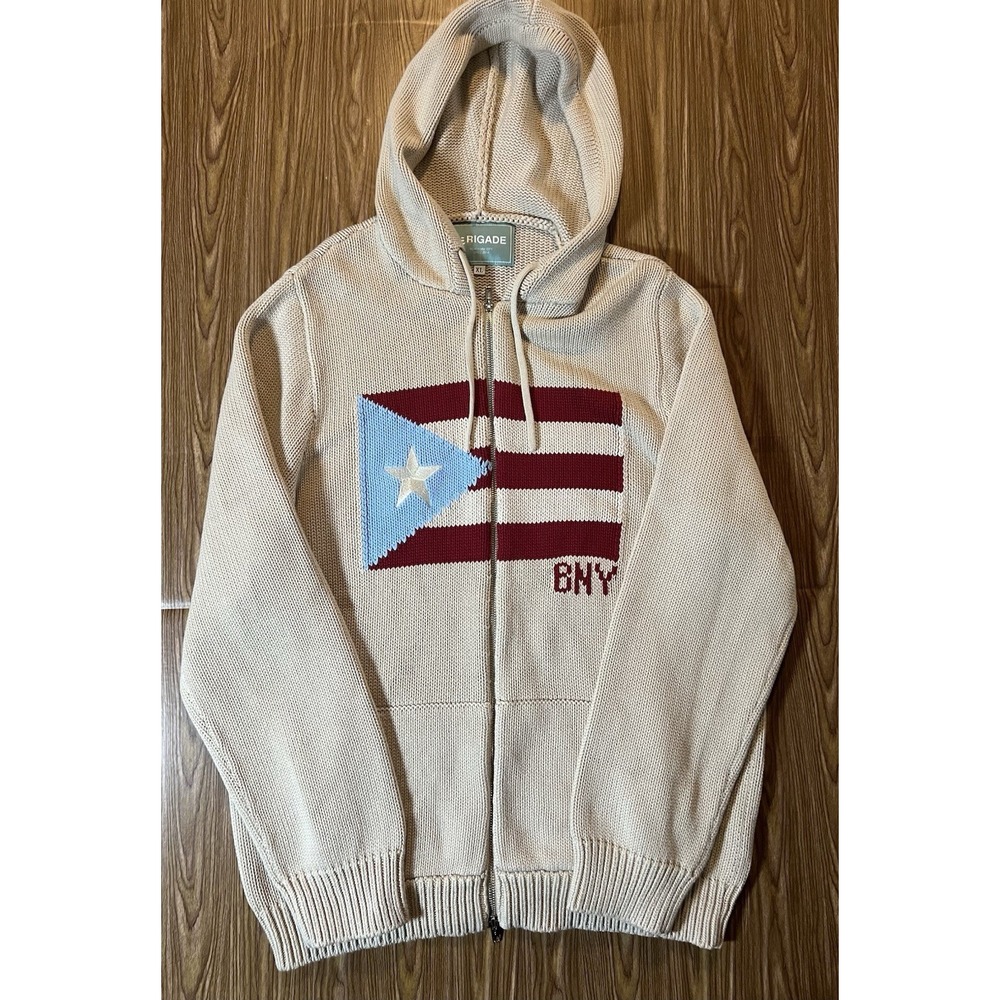 Rare Brigade Puerto Rico Flag Knit Hoodie Zip Up Sweater Mens XL Beige NYC